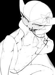 Rule 34 | 1girl, @ @, absurdres, arm at side, black background, blush, breasts, cleft of venus, collar, collarbone, completely nude, creatures (company), dutch angle, fang, feet out of frame, female focus, fir3born, flower, game freak, gardevoir, gen 3 pokemon, greyscale, groin, hair flower, hair ornament, half-closed eyes, hand up, happy, hibiscus, highres, holding, holding leash, knees up, leash, looking up, medium hair, monochrome, navel, nintendo, nipples, nose blush, nude, open mouth, pokemon, pokemon (creature), pussy, pussy juice, simple background, sitting, sketch, small breasts, smile, solo, spread legs, stomach, sweat, uncensored