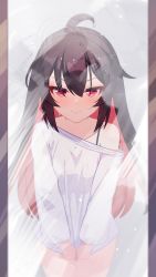 Rule 34 | 1girl, absurdres, black bra, blush, bra, cold, embarrassed, highres, honkai (series), honkai impact 3rd, long sleeves, red eyes, red hair, seele (alter ego), seele vollerei, shirt, tongling, underwear, wet, wet clothes, white shirt
