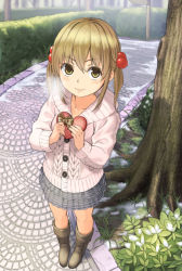 Rule 34 | 1girl, bad id, bad pixiv id, boots, brown eyes, brown hair, candy, chocolate, chocolate heart, day, dutch angle, food, from above, full body, hair over one eye, heart, hedge, holding, long hair, long sleeves, looking at viewer, looking up, original, outdoors, pavement, smile, solo, standing, tree, twintails, valentine, yoropa