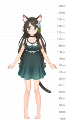 Rule 34 | 1girl, aina (mao lian), animal ear fluff, animal ears, arms at sides, bare shoulders, barefoot, black choker, blue eyes, breasts, brown hair, cat ears, cat tail, choker, closed mouth, dress, full body, green dress, height chart, highres, long hair, looking at viewer, mao lian (nekokao), medium breasts, original, pigeon-toed, pregnant, smile, solo, standing, tail
