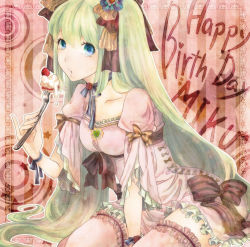 Rule 34 | 1girl, aqua eyes, bracelet, choker, collarbone, female focus, flower, food, fork, fruit, green hair, hair ribbon, happy birthday, harusu, hatsune miku, jewelry, long hair, pinky out, red flower, red rose, ribbon, ribbon choker, rose, sitting, solo, strawberry, thighhighs, very long hair, vocaloid