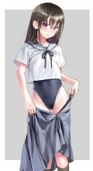 Rule 34 | 1girl, black hair, black one-piece swimsuit, blunt bangs, border, unworn clothes, competition swimsuit, feet out of frame, flat chest, glasses, grey background, grey sailor collar, grey skirt, katahira masashi, long hair, looking at viewer, neck ribbon, one-piece swimsuit, original, pleated skirt, purple eyes, ribbon, sailor collar, sailor shirt, school uniform, serafuku, shirt, skirt, solo, standing, swimsuit, swimsuit under clothes, two-tone background, undressing, white border