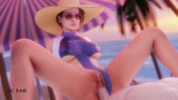 Rule 34 | 1boy, 1girl, 3d, anal, animated, beach, blue one-piece swimsuit, bouncing breasts, breasts, brown hair, clothing aside, cowgirl position, girl on top, grand cupido, hat, head out of frame, hetero, highres, jill valentine, looping animation, one-piece swimsuit, penis, pussy, resident evil, sex, spread legs, straddling, sun hat, sunglasses, swimsuit, swimsuit aside, uncensored, underboob, water