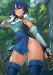 Rule 34 | 1girl, arm up, armor, armored dress, blue eyes, blue hair, blue thighhighs, boots, breastplate, catria (fire emblem), contrapposto, dress, elbow gloves, female focus, fingerless gloves, fire emblem, fire emblem: mystery of the emblem, from below, gloves, gluteal fold, hair between eyes, headband, highres, lasterk, looking at viewer, medium hair, nintendo, no panties, outdoors, pauldrons, pegasus knight uniform (fire emblem), pelvic curtain, polearm, pussy, pussy peek, short dress, shoulder armor, smile, solo, standing, sword, thigh boots, thighhighs, uncensored, weapon, white gloves