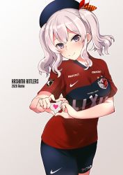 Rule 34 | 1girl, alternate costume, commentary request, copyright name, cowboy shot, fujii jun, gradient background, grey background, grey eyes, heart, heart hands, j. league, kantai collection, kashima (kancolle), kashima antlers, looking at viewer, name connection, red shirt, shirt, shorts, sidelocks, silver hair, smile, soccer uniform, solo, sportswear, twintails, wavy hair
