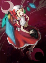 Rule 34 | 1girl, ascot, back, blonde hair, blood, blood in mouth, blood on hands, blush, crystal, flandre scarlet, hat, highres, looking back, moon, open mouth, puffy short sleeves, puffy sleeves, red eyes, ribbon, short hair, short sleeves, side ponytail, skirt, skull, smile, solo, touhou, vest, vivicat, wings