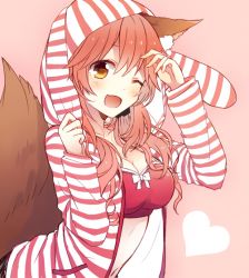 Rule 34 | 10s, 1girl, ;d, animal ears, animal hood, blush, bra, breasts, cleavage, fang, fate/extra, fate (series), fox ears, fox tail, heart, hood, hoodie, long hair, looking at viewer, medium breasts, official alternate costume, one eye closed, open clothes, open hoodie, open mouth, pink background, pink bra, pink hair, rabbit hood, sidelocks, simple background, smile, solo, striped clothes, striped sweater, sweater, tail, tamamo no mae (fate/extra), tamamo no mae (spring casual) (fate), underwear, wavy hair, yellow eyes, yimu