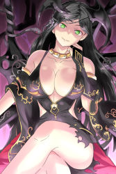 Rule 34 | 1girl, artemisia (flower knight girl), black dress, black hair, breasts, bridal gauntlets, cleavage, closed mouth, crossed legs, dress, flower knight girl, green eyes, head wings, ishizu kayu, large breasts, long hair, looking at viewer, purple background, sash, sitting, smile, snake, solo, torn clothes, torn dress, wings