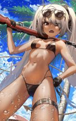 Rule 34 | 1girl, absurdres, bare shoulders, bikini, black bikini, black gloves, blue archive, bodysuit, breasts, breasts apart, carrying over shoulder, choker, cloud, dark-skinned female, dark skin, day, demon tail, diving suit, eyewear on head, feet out of frame, gloves, grey hair, gun, halo, hand on own hip, highres, holding, holding gun, holding weapon, iori (blue archive), iori (swimsuit) (blue archive), leg belt, long hair, looking at viewer, multi-strapped bikini bottom, navel, open mouth, outdoors, palm tree, pointy ears, red eyes, rifle, side-tie bikini bottom, small breasts, solo, standing, sunglasses, surps, swimsuit, tail, teeth, thigh strap, tree, twintails, very long hair, water, weapon, wetsuit