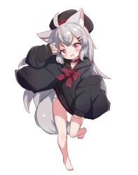 Rule 34 | 1girl, ahoge, animal ear fluff, animal ears, arm up, babalilo, bare legs, barefoot, belt collar, black coat, black headwear, black sailor collar, black shirt, blush, borrowed character, bow, coat, coat partially removed, collar, commentary, fang, full body, grey hair, hair ornament, hairclip, head tilt, highres, leg up, long hair, long sleeves, open clothes, open coat, open mouth, original, panties, panty peek, pink eyes, red bow, red collar, rir-chan, sailor collar, shirt, shirt bow, simple background, solo, standing, standing on one leg, striped clothes, striped panties, tail, underwear, white background, wind, wolf ears, wolf girl, wolf tail