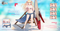 Rule 34 | 1girl, allenes, azur lane, bare legs, bare shoulders, beach chair, bikini, bikini under clothes, blonde hair, blue eyes, blue shorts, breasts, cleavage, criss-cross halter, denim, denim shorts, frilled bikini, frills, front-tie bikini top, front-tie top, frown, hair ornament, hair ribbon, hairclip, halterneck, hand on own hip, hand up, highres, large breasts, long hair, looking at viewer, micro shorts, navel, official alternate costume, official art, ribbon, sandals, shorts, solo, standing, stomach, sussex (azur lane), sussex (sunlit tulips) (azur lane), swimsuit, thighs, torn clothes, torn shorts, two side up, white bikini