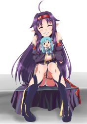 Rule 34 | 1girl, absurdres, ahoge, asuna (sao-alo), black footwear, boots, cape, character doll, detached sleeves, closed eyes, fingerless gloves, gloves, grin, hairband, head tilt, highres, ken-ji, long hair, looking at viewer, pointy ears, purple cape, purple gloves, purple hair, red hairband, simple background, sitting, smile, solo, sword art online, thigh strap, very long hair, white background, yuuki (sao)