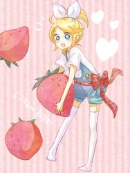 Rule 34 | 1girl, bad id, bad pixiv id, blonde hair, blue eyes, food, fruit, holding, holding food, holding fruit, kagamine rin, overalls, poco24, short hair, solo, strawberry, thighhighs, vocaloid
