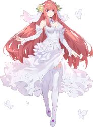 Rule 34 | 1girl, bare shoulders, breasts, bug, butterfly, cleavage, detached sleeves, dress, flower, full body, guinevere (iron saga), hair flower, hair ornament, insect, iron saga, long hair, medium breasts, official alternate costume, official art, pink hair, red eyes, simple background, sola7764, solo, tachi-e, thighhighs, veil, wedding dress