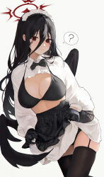 Rule 34 | 1girl, ?, absurdres, alternate costume, apron, black apron, black bow, black bowtie, black bra, black garter straps, black gloves, black hair, black panties, black thighhighs, black wings, blue archive, bow, bowtie, bra, breasts, clothes lift, enmaided, garter straps, gloves, hael, halo, hasumi (blue archive), highres, large breasts, lifted by self, long hair, looking at viewer, maid, maid apron, maid headdress, panties, red eyes, shrug (clothing), simple background, skirt, skirt lift, solo, spoken question mark, thighhighs, underwear, very long hair, white background, wings