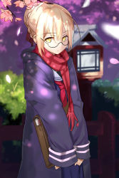 Rule 34 | 1girl, absurdres, ahoge, artoria pendragon (fate), bag, black jacket, black shirt, blonde hair, cherry blossoms, chinese commentary, commentary request, fate/grand order, fate (series), fence, glasses, hair bun, hair ribbon, highres, holding, holding bag, jacket, lantern, long sleeves, looking at viewer, looking over eyewear, mysterious heroine x alter (fate), mysterious heroine x alter (first ascension) (fate), outdoors, petals, plaid, plaid scarf, red neckwear, red scarf, ribbon, sailor collar, scarf, school uniform, semi-rimless eyewear, shirt, single hair bun, solo, tree, under-rim eyewear, upper body, virtu.al, wooden lantern, yellow eyes