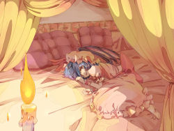 Rule 34 | 1girl, bad id, bad pixiv id, bat wings, bed, blue hair, candle, curtains, female focus, hair over one eye, hat, pillow, red eyes, remilia scarlet, ribbon, short hair, solo, sou (tuhut), touhou, wings