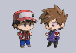 Rule 34 | 2boys, :d, amaya uw, baseball cap, black hair, blue oak, blue pants, boots, bright pupils, brown hair, chibi, closed mouth, commentary request, creatures (company), game freak, grey eyes, grey shirt, hat, highres, holding, holding poke ball, jacket, male focus, multiple boys, nintendo, open clothes, open jacket, open mouth, pants, poke ball, poke ball (basic), pokemon, pokemon rgby, purple shirt, red (pokemon), shirt, shoes, short hair, smile, spiked hair, standing, tongue, white footwear, white pupils