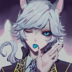 Rule 34 | 1boy, absurdres, animal ear fluff, animal ears, black bow, black jacket, black nails, black sclera, blue eyes, blue tongue, bow, cat boy, cat ears, colored sclera, colored tongue, commentary request, fang, fingernails, floating hair, grey hair, hair bow, hand up, highres, identity v, jacket, jiz (pffbq), joseph desaulniers, joseph desaulniers (moonlight gentleman), looking at viewer, low ponytail, male focus, one eye closed, sharp fingernails, slit pupils, solo, tongue, tongue out, upper body