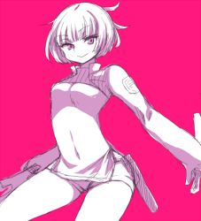 Rule 34 | 10s, 1girl, breasts, konami kirie, lowres, monochrome, pink background, short hair, short shorts, shorts, smile, weapon, world trigger