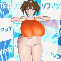 Rule 34 | 1girl, 3d, animated, animated gif, artist request, belly, blush, bouncing breasts, breasts, breasts out, brown hair, huge breasts, large areolae, looking at viewer, navel, nipples, one eye closed, plump, solo, standing, thick thighs, thighs, twintails, wide hips, wink