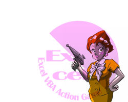 Rule 34 | 1girl, blush, bow, bowtie, breasts, brown hair, collared shirt, cowboy shot, earrings, energy gun, facing viewer, gen muto, hand on own hip, jewelry, looking at viewer, microsoft, microsoft excel, microsoft office, office assistant, office lady, orange shirt, orange skirt, pink earrings, pink lips, ray gun, saeko sensei (office assistant), secretary, shirt, short hair, short sleeves, simple background, skirt, skirt set, small breasts, solo, sphere earrings, standing, weapon, white bow, white bowtie, white shirt, wing collar