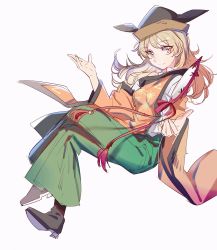 Rule 34 | 1girl, aibivy, blonde hair, closed mouth, detached sleeves, full body, green skirt, grey background, hat, highres, long hair, long sleeves, looking at viewer, matara okina, shoes, simple background, skirt, smile, solo, tabard, touhou, white background, wide sleeves, yellow eyes