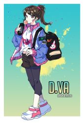 Rule 34 | 1girl, adapted costume, alternate hairstyle, backpack, bag, brown eyes, brown hair, blowing bubbles, casual, chewing gum, d.va (overwatch), facial mark, full body, hair ornament, hair scrunchie, handheld game console, hero (ahnhannah), jacket, leggings, letterman jacket, looking at viewer, overwatch, overwatch 1, playstation vita, ponytail, scrunchie, shirt, shoes, shorts, sneakers, solo, t-shirt, twitter username, whisker markings