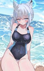 Rule 34 | 1girl, absurdres, animal ear fluff, animal ears, beach, black one-piece swimsuit, blue archive, blue eyes, blue sky, breasts, cloud, competition swimsuit, covered navel, cross hair ornament, day, extra ears, grey hair, hair ornament, halo, highres, horizon, low ponytail, medium breasts, medium hair, mismatched pupils, morita (pixiv31883607), multicolored clothes, multicolored swimsuit, ocean, official alternate costume, one-piece swimsuit, outdoors, shiroko (blue archive), shiroko (swimsuit) (blue archive), sky, solo, swimsuit, wakamezake, water, wolf ears