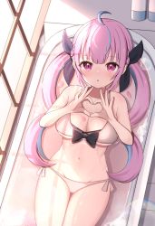 Rule 34 | 1girl, :o, absurdres, ahoge, bath, bikini, black bow, black ribbon, blue hair, blush, bow, braid, breasts, cleavage, commentary request, groin, hair ribbon, hands up, heart, heart hands, highres, hololive, indoors, long hair, looking at viewer, lying, medium breasts, minato aqua, multicolored hair, navel, on back, parted lips, partially submerged, petals, pink hair, purple eyes, ribbon, side-tie bikini bottom, solo, starfox1015, swimsuit, thighs, twintails, two-tone hair, very long hair, virtual youtuber, water, white bikini, window