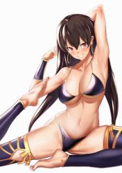 Rule 34 | 1girl, absurdres, arm up, armpits, bare shoulders, barefoot, bikini, blush, breasts, brown hair, cleavage, collarbone, earrings, fate/grand order, fate (series), feet, hair between eyes, highres, hip focus, hoop earrings, jewelry, large breasts, legs, long hair, looking at viewer, navel, purple bikini, purple legwear, simple background, smile, solo, stretching, sweat, swimsuit, thighs, toes, ulrich (tagaragakuin), white background, xuangzang sanzang (fate)
