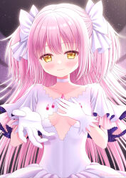 Rule 34 | 1girl, :3, blush, breasts, choker, cleavage cutout, closed mouth, clothing cutout, collarbone, commentary, dress, gloves, hair ribbon, hand on own chest, kaname madoka, long hair, looking at viewer, mahou shoujo madoka magica, mahou shoujo madoka magica (anime), open hand, palms, pink hair, reaching, reaching towards viewer, ribbon, ruppo mi, small breasts, smile, solo, space, star (sky), ultimate madoka, very long hair, white choker, white dress, white gloves, white ribbon, yellow eyes
