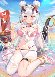 Rule 34 | 1girl, bare shoulders, bikini, blush, bow, breasts, cleavage, double bun, dragon girl, dragon horns, dragon tail, eating, epic seven, food, hair bun, hair ornament, hairband, heart, highres, holding, holding food, horns, innertube, large breasts, long hair, looking at viewer, muka tsuku, nail polish, outdoors, pointy ears, red eyes, sandals, sidelocks, single thighhigh, sitting, swim ring, swimsuit, tail, tail ornament, tail ring, thigh strap, thighhighs, very long hair, wariza, white hair, yufine (epic seven)