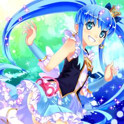 Rule 34 | 10s, 1girl, blue eyes, blue hair, brooch, buntan, crown, cure princess, frills, grin, happinesscharge precure!, heart, heart brooch, highres, long hair, magical girl, matching hair/eyes, mini crown, necktie, precure, shirayuki hime, short hair, skirt, smile, solo, sparkle, twintails