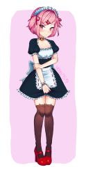 Rule 34 | 1girl, :/, alternate costume, animal ear legwear, apron, bell, blush, brown thighhighs, cat ear legwear, collarbone, commentary, doki doki literature club, english commentary, enmaided, eyes visible through hair, full body, hair ribbon, high heels, highres, jingle bell, looking at viewer, maid, maid headdress, mary janes, natsuki (doki doki literature club), pink background, pink eyes, pink hair, puffy short sleeves, puffy sleeves, red ribbon, ribbon, ribbon trim, shoes, short hair, short sleeves, simple background, solo, thighhighs, two side up, v-shaped eyebrows, vickie (cryingrobot), waist apron, wrist cuffs