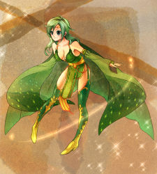 Rule 34 | 1990s (style), 1girl, blue eyes, boots, breasts, cape, circlet, cleavage, detached sleeves, final fantasy, final fantasy iv, green footwear, green hair, medium breasts, rkp, rydia (ff4), smile, solo
