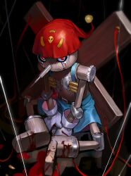 absurdres black_background blood digimon digimon_(creature) full_body gears highres long_nose looking_at_viewer marionette muna_1414 pinochimon puppet red_eyes solo string