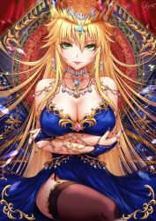 Rule 34 | 1girl, artoria pendragon (fate), artoria pendragon (lancer) (fate), bare shoulders, black thighhighs, blonde hair, blue dress, blue nails, braid, breasts, cleavage, commentary request, crown, dress, earrings, fate/grand order, fate (series), gem, green eyes, hair ornament, highres, jewelry, large breasts, long hair, looking at viewer, nail polish, ribbon, sakiyamama, sitting, smile, solo, thighhighs, very long hair