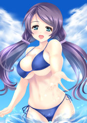 Rule 34 | 10s, 1girl, bad id, bad pixiv id, bikini, blue eyes, blush, breasts, cleavage, large breasts, long hair, looking at viewer, love live!, love live! school idol project, ocean, open mouth, outstretched hand, ponytail korosuke, purple hair, shiny skin, side-tie bikini bottom, skindentation, solo, splashing, strap gap, swimsuit, tojo nozomi, twintails, very long hair, water