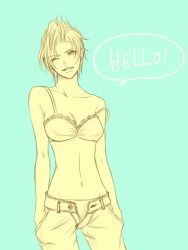 Rule 34 | 00s, 1girl, bad id, bad pixiv id, bare shoulders, bra, denim, english text, female focus, final fantasy, final fantasy x, final fantasy x-2, hands in pockets, jeans, lingerie, midriff, monochrome, navel, no shirt, off shoulder, one eye closed, open fly, paine, paine (ff10), panties, pants, ranis, seri (ranis), short hair, sketch, smile, solo, speech bubble, standing, underwear, unzipped, wink