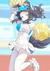 Rule 34 | 1girl, absurdres, animal ears, bare legs, bare shoulders, black hair, blue archive, blue eyes, blunt bangs, breasts, cheerleader, cleavage, cropped legs, detached collar, dog ears, dog tail, hibiki (blue archive), hibiki (cheer squad) (blue archive), highres, large breasts, light frown, looking at viewer, midriff, millennium cheerleader outfit (blue archive), miniskirt, navel, official alternate costume, panties, pleated skirt, pom pom (cheerleading), ponytail, shoes, sidelocks, skirt, sneakers, songchuan li, star sticker, sticker on face, strapless, tail, tube top, underwear, wavy mouth, white footwear, white panties, wrist cuffs
