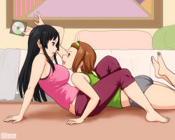 Rule 34 | 2girls, akiyama mio, arm support, ass, barefoot, bed, bedroom, black bra, black eyes, black hair, black shorts, bra, bra peek, breasts, brown eyes, brown hair, camisole, cd, erkaz, eye contact, face-to-face, feet, from side, green hairband, hairband, highres, k-on!, large breasts, long hair, looking at another, multiple girls, open mouth, pants, pillow, pink shirt, purple pants, shirt, short hair, short shorts, shorts, sitting, tainaka ritsu, tank top, underwear