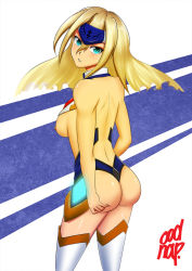 Rule 34 | 1girl, aqua eyes, arc system works, ass, ass grab, back, blazblue, blonde hair, blush, breasts, deep skin, female focus, forehead protector, from behind, large breasts, long hair, looking at viewer, mu-12, nipples, oodnap, parted lips, shiny skin, solo, thighhighs, topless