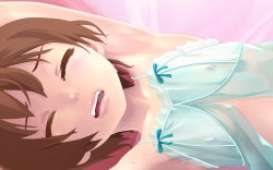 Rule 34 | 1boy, armpits, arms up, babydoll, brown hair, camisole, collarbone, crossdressing, closed eyes, highres, lips, male focus, md5 mismatch, nipples, open mouth, original, see-through, solo, trap, yuki18r