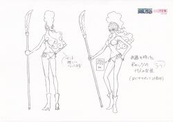 Rule 34 | 1girl, absurdres, ass, back, big hair, bikini, boots, braid, breasts, character request, character sheet, curvy, female focus, hand on own hip, highres, holding, holding weapon, inoue eisaku, large breasts, long hair, looking at viewer, monochrome, multiple views, navel, official art, one piece, polearm, revealing clothes, scan, settei, side-tie bikini bottom, standing, swimsuit, toei animation, translation request, turnaround, very long hair, weapon, wide hips