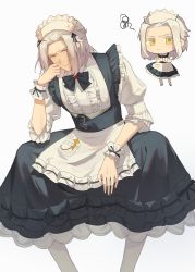 Rule 34 | &gt;:(, 1boy, absurdres, alternate costume, apron, black bow, black bowtie, black dress, blonde hair, bow, bowtie, brooch, center frills, chibi, chibi inset, crossdressing, crossed arms, dress, elbow rest, emet-selch, enmaided, feet out of frame, final fantasy, final fantasy xiv, frilled apron, frilled dress, frilled sleeves, frills, frown, furrowed brow, half-closed eyes, head rest, highres, huz (a1438758295), jewelry, looking at viewer, maid, maid apron, maid headdress, male focus, pantyhose, short hair, simple background, sitting, solo, squiggle, standing, v-shaped eyebrows, white apron, white background, white headwear, white pantyhose, wrist cuffs, yellow eyes