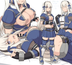 Rule 34 | 1boy, 1girl, armored boots, azure (armor), belt, blue eyes, blue shirt, blue skirt, blue thighhighs, blush, boots, grabbing another&#039;s breast, breasts, capcom, cleavage, cropped shirt, fingerless gloves, full body, gloves, grabbing, grabbing from behind, hairband, large breasts, long hair, looking at viewer, lying, midriff, monster hunter, monster hunter (series), monster hunter frontier, multiple views, navel, on back, open mouth, pleated skirt, puffy short sleeves, puffy sleeves, shirt, shiseki hirame, short sleeves, sidelocks, simple background, skirt, thighhighs, white background, white hair