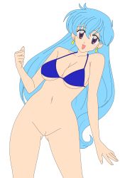 Rule 34 | 1990s (style), 1girl, absurdres, bikini, blue hair, bottomless, bra, breasts, earrings, flight attendant, highres, jewelry, large breasts, legs, long hair, purple eyes, pussy, retro artstyle, smile, solo, swimsuit, tenjouin katsura, thighs, third-party edit, transparent background, travel attendant, uncensored, underwear, vector trace, yat anshin uchuu ryokou