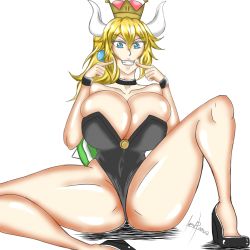 Rule 34 | 1girl, blonde hair, blue eyes, bowsette, breasts, choker, corset, dilane93, female focus, hands on own face, high heels, horns, legs apart, long legs, mario (series), nintendo, smile, solo, thick thighs, thighs, wedge heels