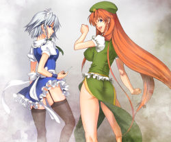 Rule 34 | 2girls, ass, blue eyes, braid, breasts, china dress, chinese clothes, dress, female focus, garter belt, garter straps, hong meiling, izayoi sakuya, knife, large breasts, legs, long hair, looking back, maid, maid headdress, multiple girls, one eye closed, purple eyes, red hair, short hair, silver hair, tachibana chata, embodiment of scarlet devil, thighhighs, throwing knife, touhou, twin braids, weapon, wink
